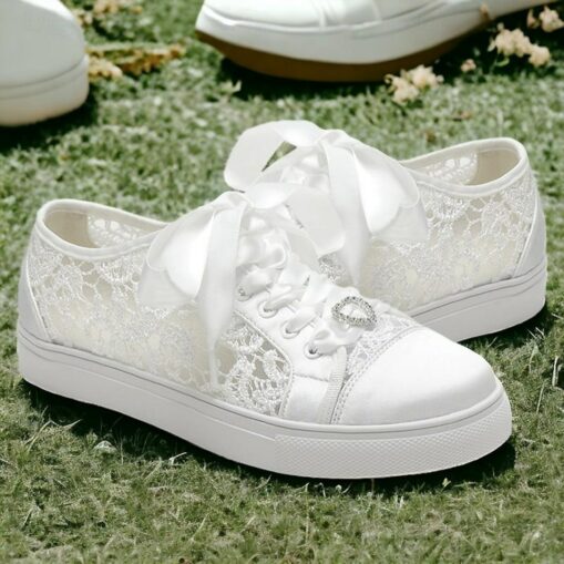 Champagne Satin Bridal Sneakers with Lace Details and Rhinestone Heart Charm - Comfortable Wedding Shoes for Women 2025 - Image 4