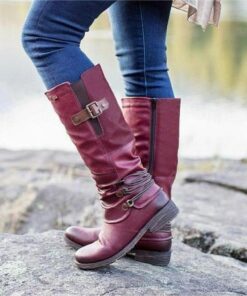 Women's Vintage Red Knee-High Faux Leather Boots with Buckle Accents - Perfect for Outdoor Adventures, Casual Outings, and Fall Fashion 2025