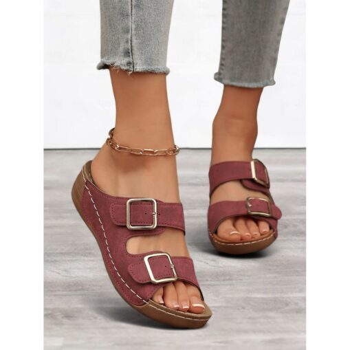 Women's Dark Blue Double Buckle Slip-On Sandals with Cushioned Sole, Casual Summer Shoes for Beach and Everyday Wear 2025 - Image 5