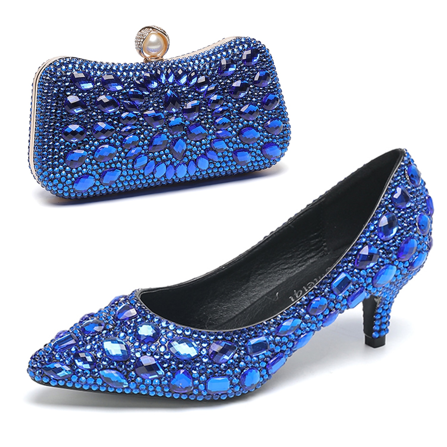 Women's Crystal-Embellished Kitten Heel Shoes and Matching Clutch Set - Elegant Rhinestone Wedding Pumps with Evening Bag 2025 - Image 5