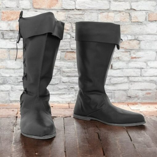 Men's Gothic Renaissance Style Black Fold-Over Knee-High Boots with Lace-Up Back, Ideal for Costume Parties and Medieval Reenactments 2025