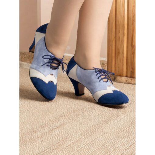 Vintage Two-Tone Faux Suede Lace-Up Women's Oxford Shoes – Retro-Inspired Green and Teal Block Heel Shoes for Casual and Office Wear 2025 - Image 2