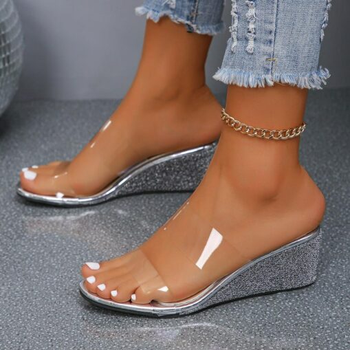 Women's Clear Strap Wedge Sandals with Glitter Gold Heels – Elegant Summer Shoes for Parties and Casual Outings 2025 - Image 2