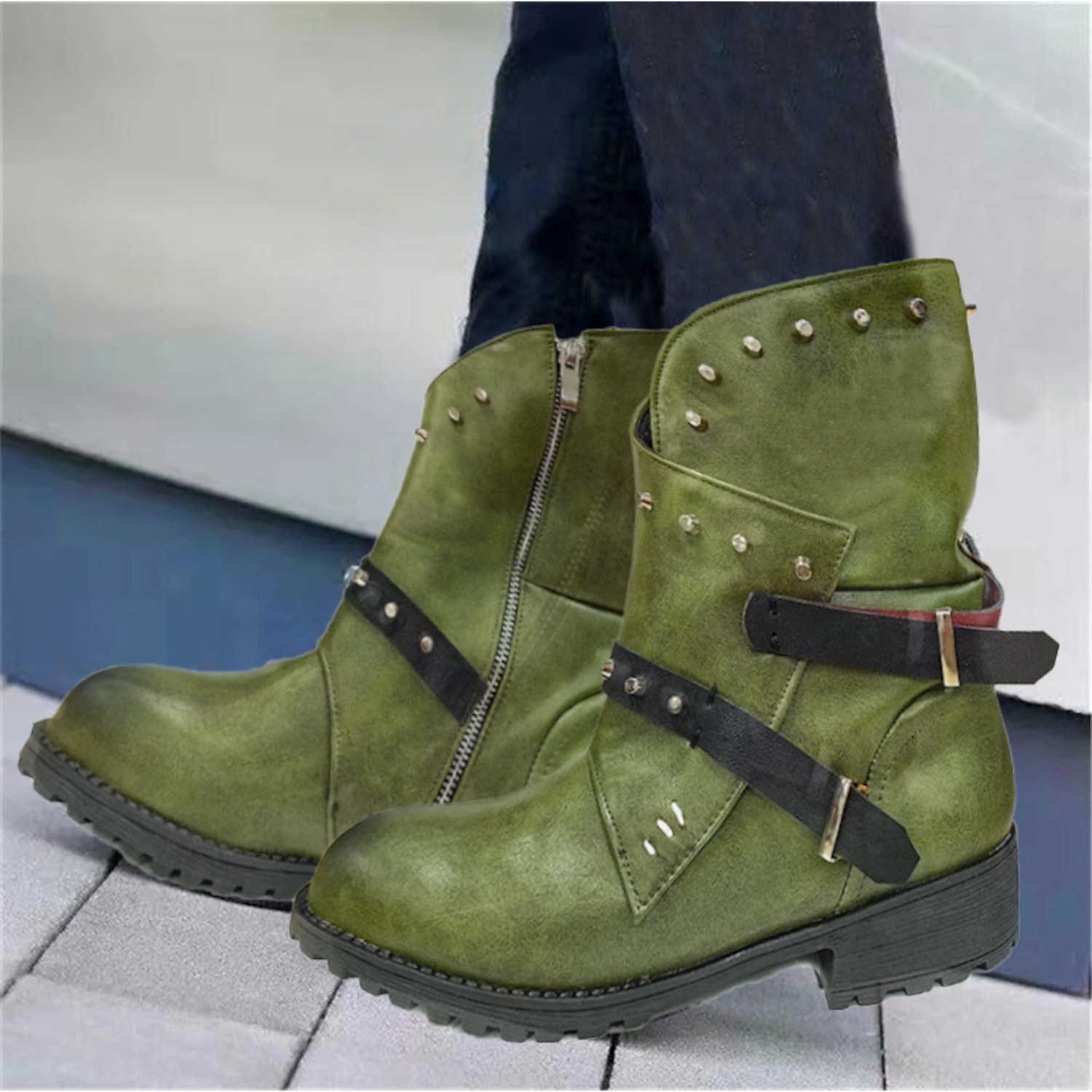 Women's Purple Studded Ankle Boots with Side Zipper and Buckle Straps, Punk Rock Style Footwear for Bold Fashion Statements 2025 - Image 2