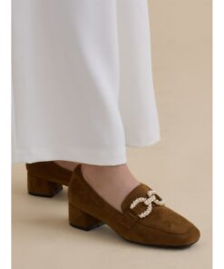 Women's Brown Suede Low Heel Loafers with Pearl Bow Detail - Perfect for Casual and Office Wear 2025