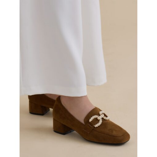 Women's Brown Suede Low Heel Loafers with Pearl Bow Detail - Perfect for Casual and Office Wear 2025