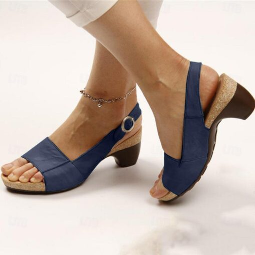 Women's Navy Blue Slingback Wedge Sandals with Open Toe and Buckle Strap - Comfortable Summer Shoes 2025