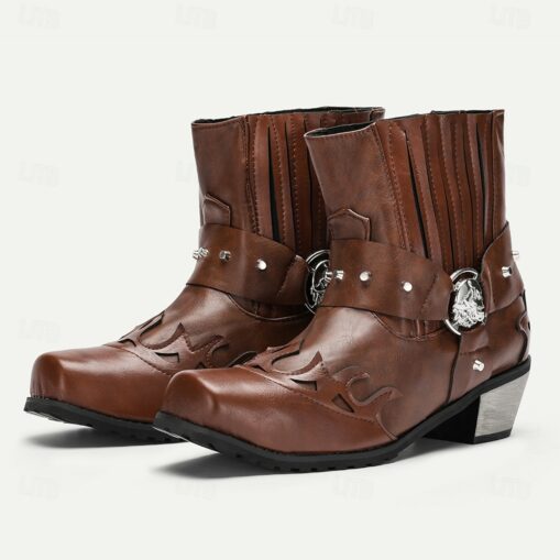 Men's Black Faux Leather Motorcycle Boots with Flame Embroidery and Metal Buckle – Western Style Ankle Boots for Biker Fashion and Casual Wear 2025 - Image 2