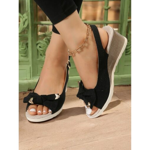 Women's Beige Wedge Sandals with Bow Accent, Open-Toe Design, Comfortable Slingback Style for Casual Summer Outings and Beachwear 2025 - Image 3