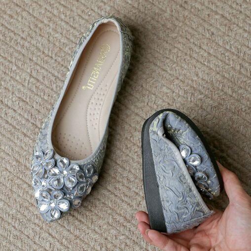 Women's Foldable Crystal Floral Embellished Wedding Flats - Comfortable Lightweight Travel Ballet Shoes 2025