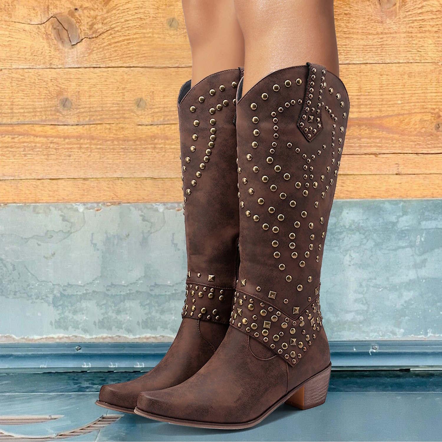 Women's Black Studded Faux Leather Knee-High Boots with Block Heels - Western Style Fashion Footwear for Fall and Winter 2025 - Image 2
