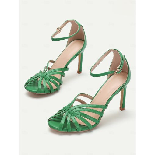 Women's Green Strappy Stiletto Sandals with Ankle Strap, Elegant Open-Toe High Heels for Parties, Weddings, and Formal Events 2025
