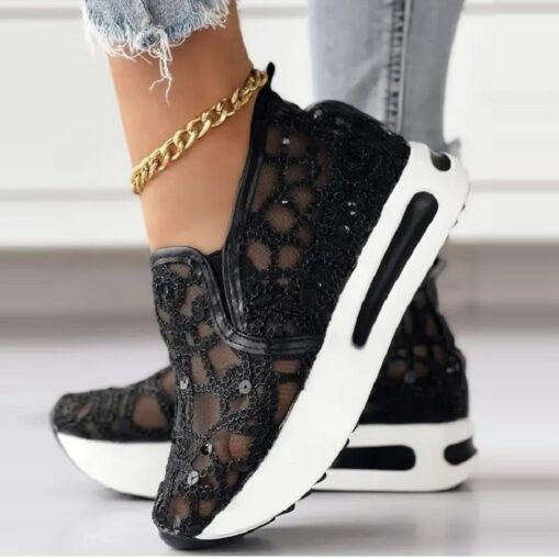 Women's Gold Sequin Mesh Slip-On Sneakers with Platform Sole - Stylish Casual Shoes for Parties and Special Occasions 2025 - Image 3