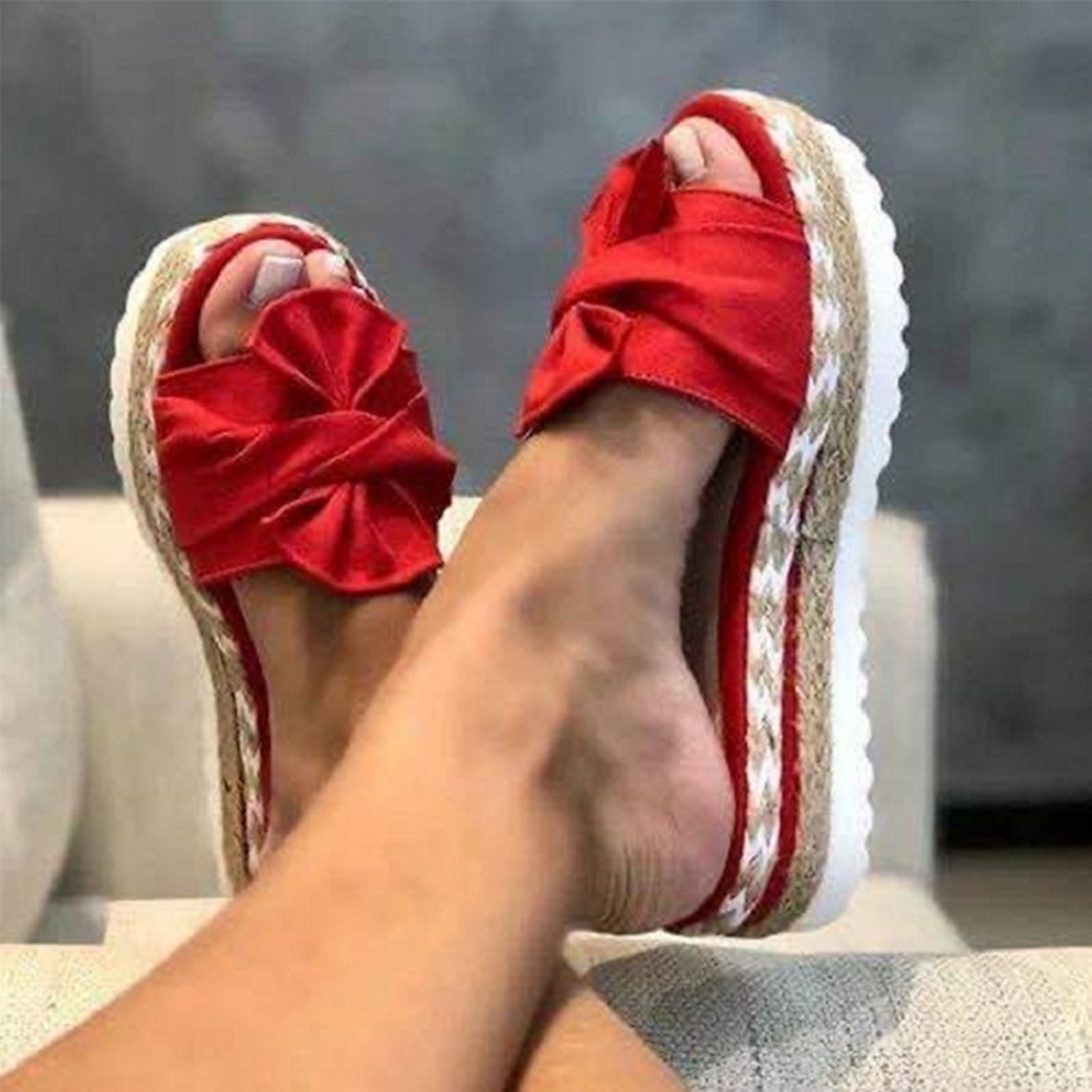 Yellow Women's Platform Sandals with Bow Detail and Woven Espadrille Sole for Stylish Summer Wear 2025 - Image 5