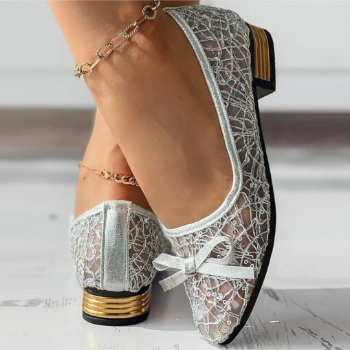 Women's Flats Plus Size Sparkly Sandals Comfort Shoes Outdoor Daily Solid Color Summer Bowknot Lace Chunky Heel Pointed Toe Elegant Casual PU Loafer S - Image 2