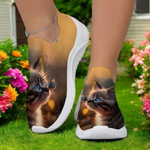 Women's Cat and Butterfly Print Flyknit Sneakers - Breathable Lightweight Casual Shoes for Everyday and Outdoor Activities 2025 - Image 2
