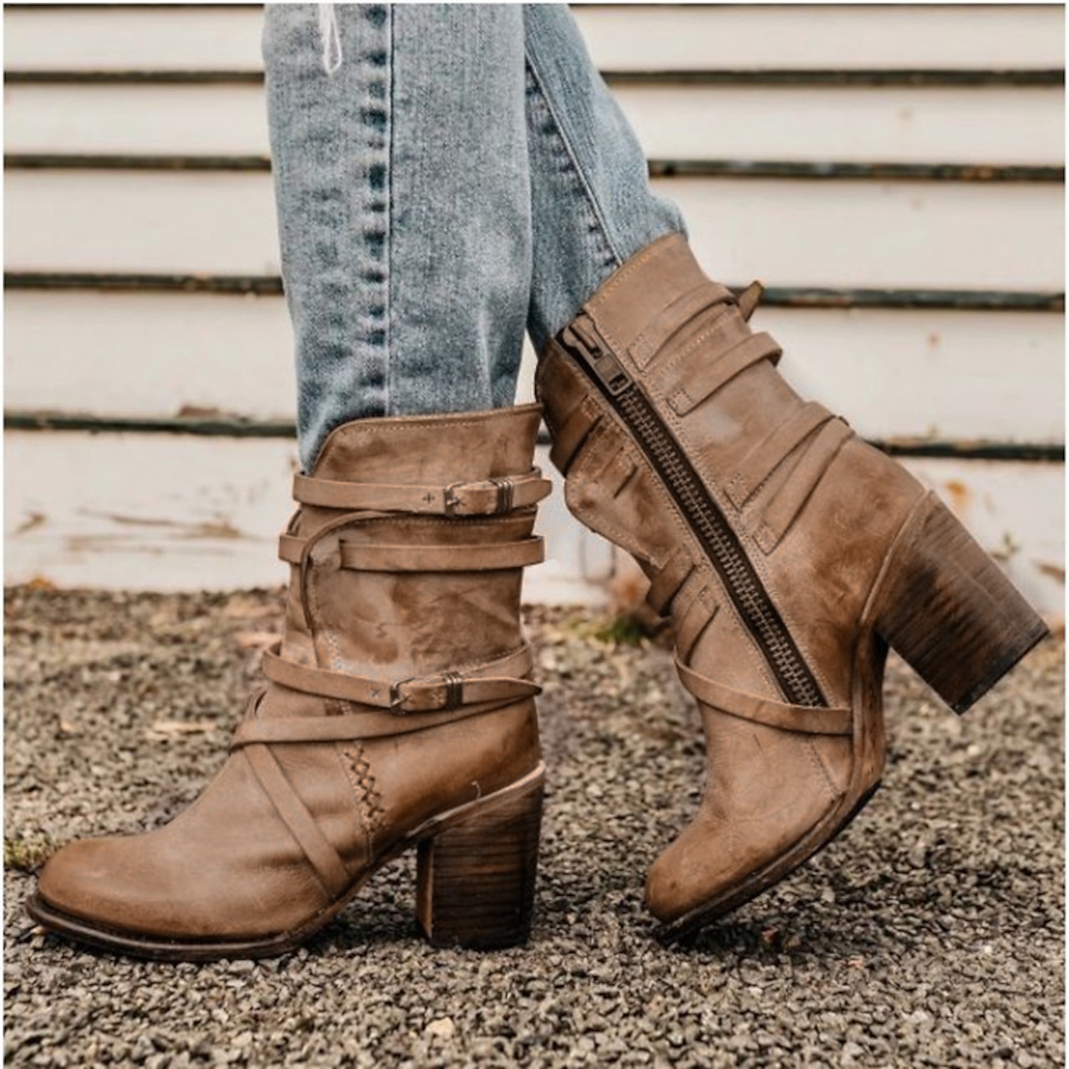 Women's Black Faux Leather Ankle Boots with Zipper and Strap Detailing, Stylish Mid-Heel Boots for Casual and Western Wear 2025 - Image 4