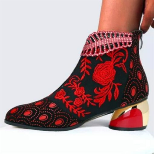 Women's Rhinestone Embellished Floral Jacquard Ankle Boots - Elegant Blue Velvet Heels for Evening Events 2025 - Image 2