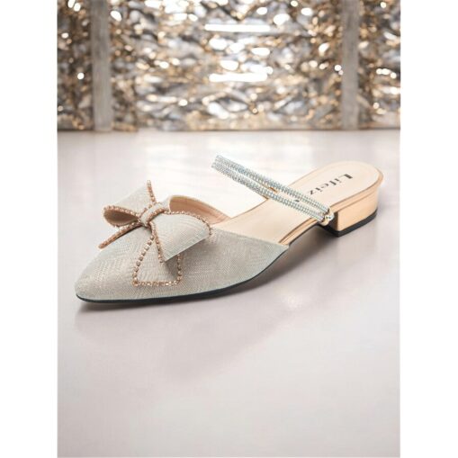 Women's Rhinestone Embellished Pointed-Toe Mules with Bow Detail - Elegant Slip-On Flats for Evening and Formal Wear 2025