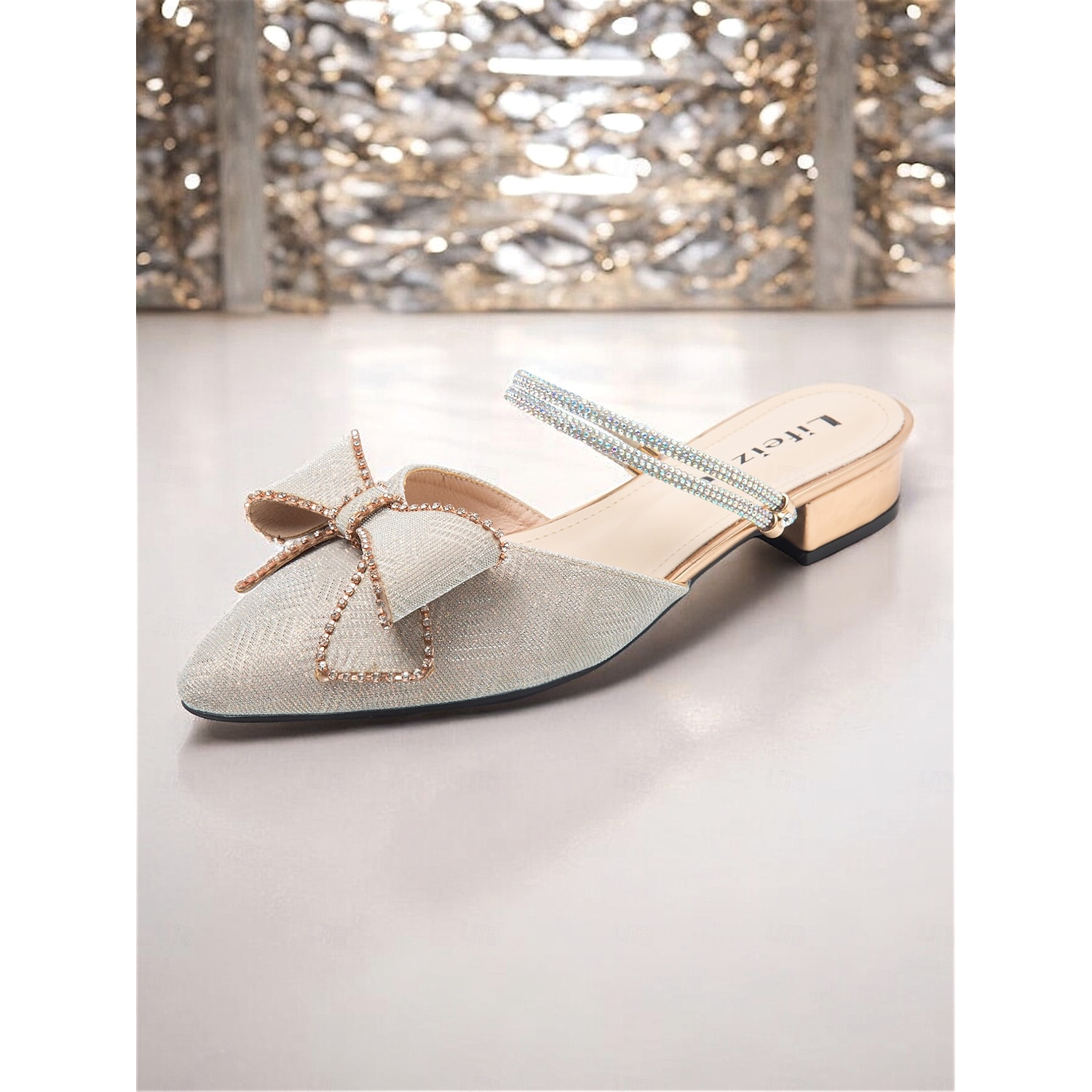 Women's Rhinestone Embellished Pointed-Toe Mules with Bow Detail - Elegant Slip-On Flats for Evening and Formal Wear 2025
