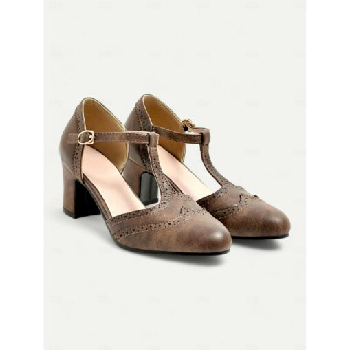 Women's Elegant Vintage T-Strap Chunky Heel Pumps - Brown Brogue Leather Heels for Oktoberfest, Retro and Formal Wear 2025 - Image 2