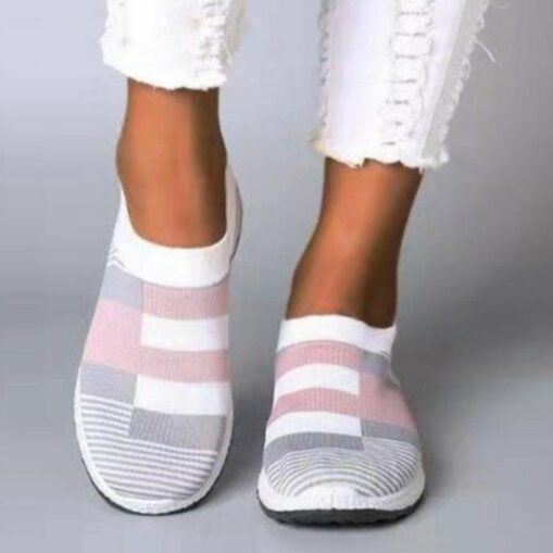 Women's Casual Slip-On Breathable Pink and Gray Striped Sneakers - Comfortable Walking Shoes 2025 - Image 4