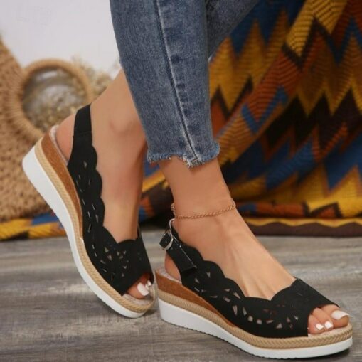 Women's Wedge Sandals Platform Sandals Openwork Hollow Out Peep Toe Slingback Strap Black Wine Brown 2025