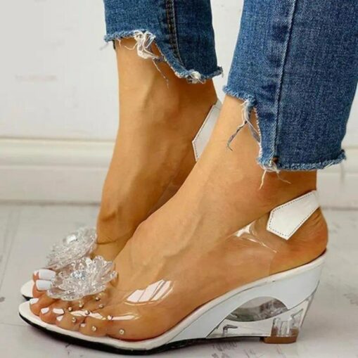 Women's Transparent Wedge Sandals with Floral Rhinestone Decoration – Stylish Open-Toe Shoes for Summer, Parties, and Special Occasions 2025