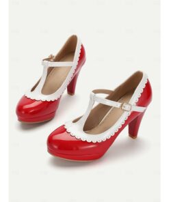 Vintage Red Patent Leather Mary Jane Heels with White Scallop Trim – Women’s T-Strap Shoes for Cosplay, Retro Parties, and Special Occasions 2025