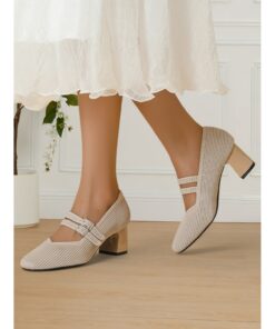 Breathable Fly-knit Mary Jane Pumps with Double Buckle Detail and Chunky Heel, Elegant Style for Women, Ideal for Work, Events and Formal Occasions 2025