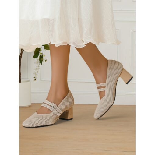 Breathable Fly-knit Mary Jane Pumps with Double Buckle Detail and Chunky Heel, Elegant Style for Women, Ideal for Work, Events and Formal Occasions 2025