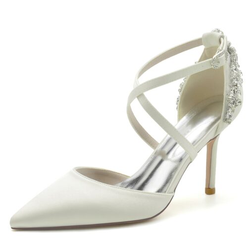 Women's Wedding Shoes Pumps Bridal Shoes Rhinestone Stiletto Pointed Toe Luxurious Satin Cross Strap Wine Black White 2025 - Image 8