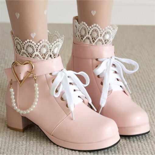 Women's White Bridal Ankle Boots – Lace-Up Wedding Shoes with Heart and Pearl Decoration, Chunky Heel for Vintage-Inspired Brides 2025 - Image 2