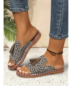 Women's Leopord Slide Sandals with Tassel Detail, Casual Faux Leather Slip-On Shoes for Summer Beach and Everyday Wear 2025