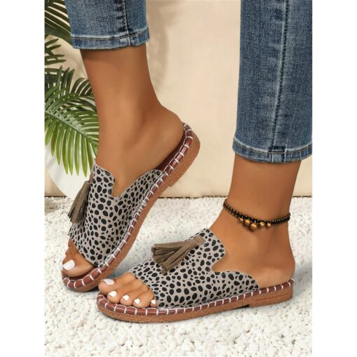 Women's Leopord Slide Sandals with Tassel Detail, Casual Faux Leather Slip-On Shoes for Summer Beach and Everyday Wear 2025