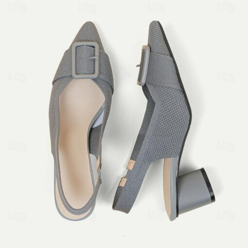 Women's Heels Plus Size Flyknit Shoes Wedding Outdoor Office Striped Buckle Block Heel Pointed Toe Fashion Classic Comfort Walking Knit Loafer Almond - Image 5