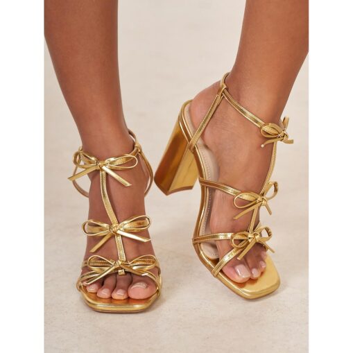 Women's Gold Strappy Sandals with Chunky Heel and Tie Details | Elegant Party and Evening Footwear 2025 - Image 2