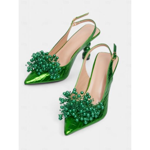 Women's Green Beaded Slingback High Heels - Stylish Pointed Toe Party Shoes with Quilted Design and Spherical Heels 2025