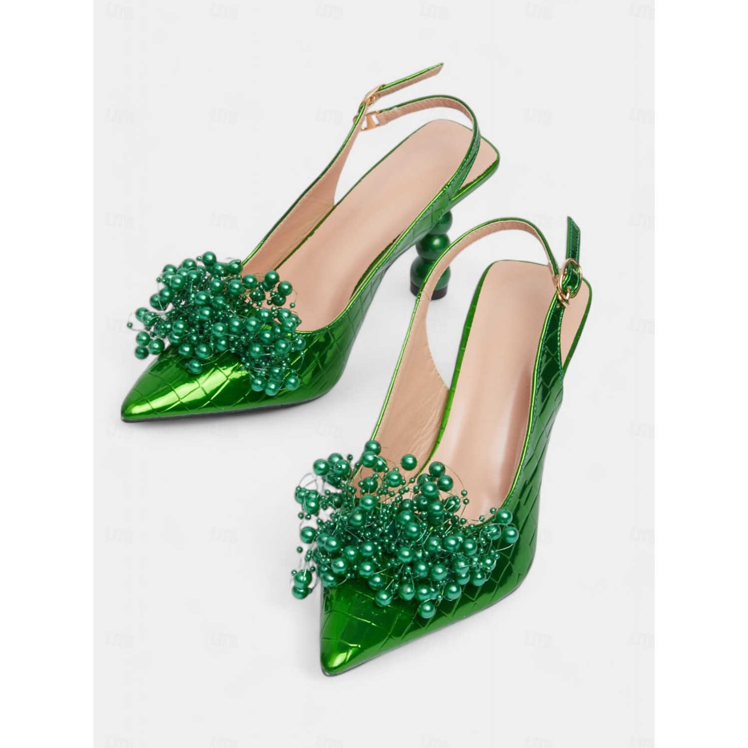 Women's Green Beaded Slingback High Heels - Stylish Pointed Toe Party Shoes with Quilted Design and Spherical Heels 2025