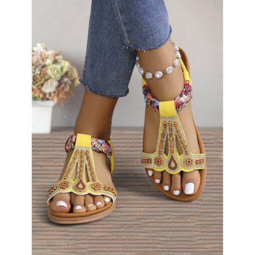 Women's Beaded T-Strap Sandals with Floral Embellishments and Comfortable Sole – Perfect for Beach, Vacation and Casual Wear 2025 - Image 3