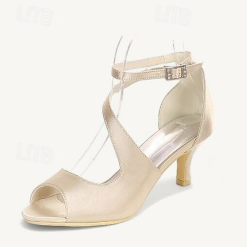 Women's Wedding Shoes Bridal Shoes Buckle Kitten Heel Open Toe Minimalism Satin Ankle Strap Black White Ivory 2025 - Image 6