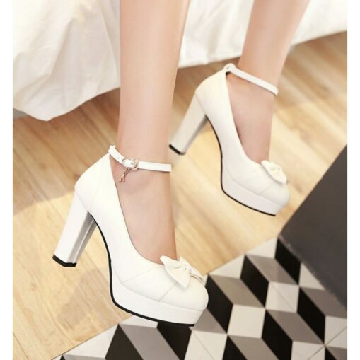 Women's White Chunky Heels with Bow Detail – Elegant Platform Pumps with Ankle Strap for Weddings and Formal Occasions 2025