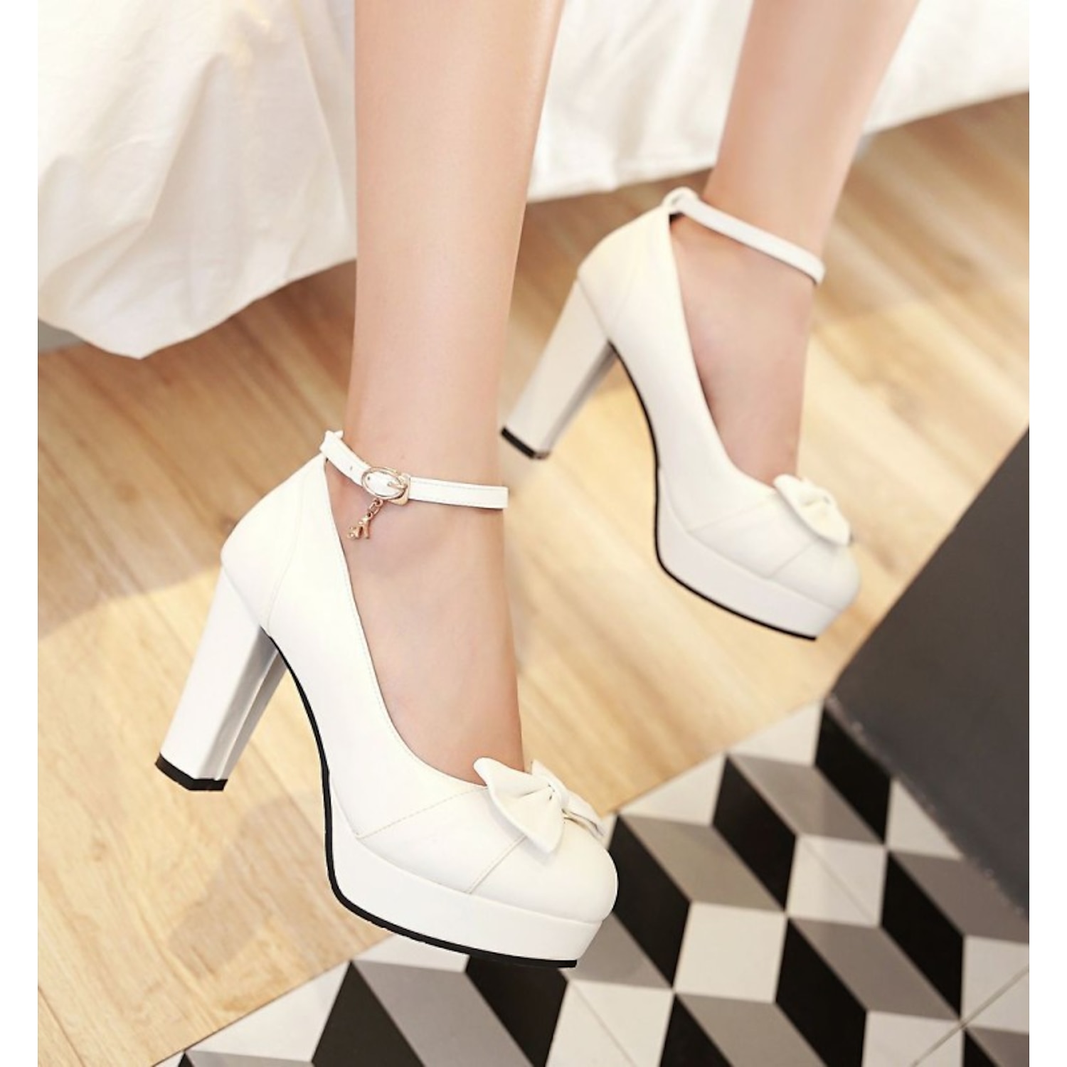 Women's White Chunky Heels with Bow Detail – Elegant Platform Pumps with Ankle Strap for Weddings and Formal Occasions 2025