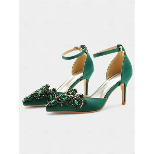 Women's Green Satin Stiletto Heels with Rhinestone Embellishments – Elegant Ankle Strap Wedding and Party Shoes for Special Occasions 2025