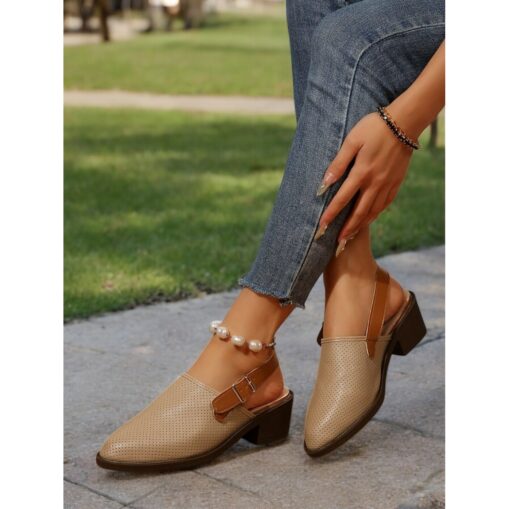 Women's Almond Perforated Slingback Sandals with Block Heel and Buckle Strap - Comfortable and Stylish Shoes for Work and Casual Outings 2025