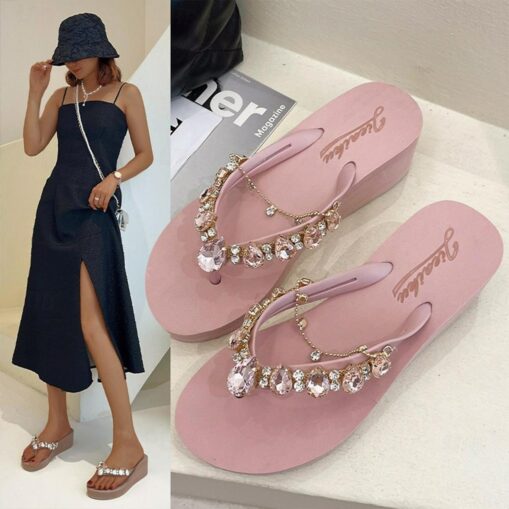 Women's Pink Rhinestone-Embellished Wedge Flip-Flops - Stylish Beach Sandals for Summer and Casual Wear 2025