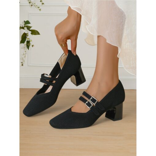 Breathable Fly-knit Mary Jane Pumps with Double Buckle Detail and Chunky Heel, Elegant Style for Women, Ideal for Work, Events and Formal Occasions 2025 - Image 3