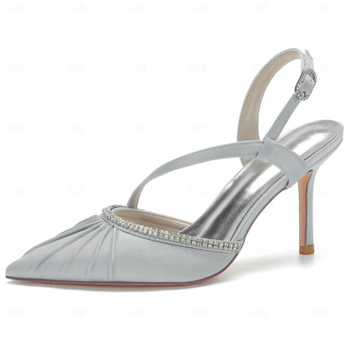 Women's Satin Slingback Pointed Toe Wedding Kitten Heel with Rhinestone Embellishments – Elegant Bridal 2025 - Image 9