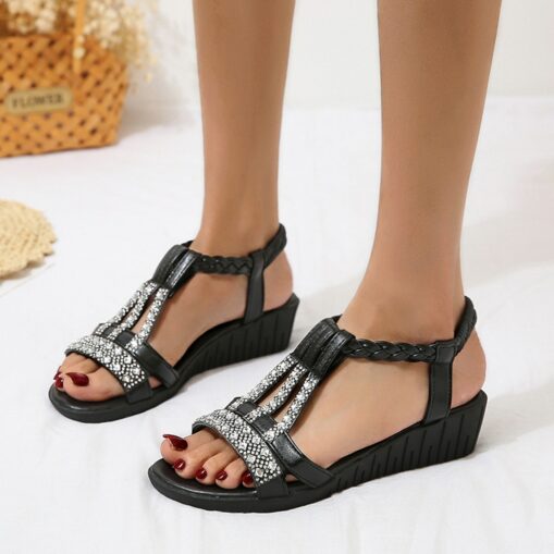 Women's Wedge Sandals with Rhinestone Embellishments – Comfortable Elastic Straps and Floral Patterned Details for Casual Summer Wear 2025 - Image 4