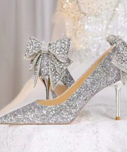 Wedding Shoes for Bride Bridesmaid Women Closed Toe Pointed Toe Silver PU Pumps With Glitter Bowknot Stiletto High Heel Wedding Party Valentine's Day